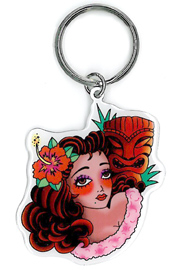 Sunny Buick Tiki Girl Tattoo Pinup Keychain | Tropical