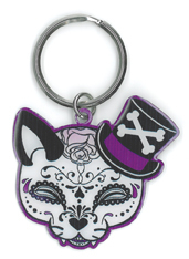 Cherry Martini Tophat Cat Sugar Skull Metal Keychain | Day of the Dead Wallets, Key Chains, & Metal Signs!