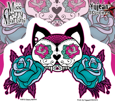 Miss Cherry Martini Tattoo Sugar Skull Cat Sticker | CLEARANCE!!